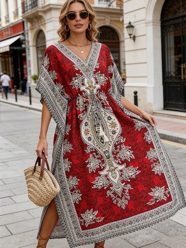 Floral Print Long Caftan Tunic Dress Nightdress Beach Maxi Kaftan Nightwear Plus Size Cover Up Women in Saudi Arabia