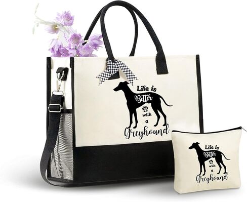 هدايا InnoBeta Greyhound للنساء، الحياة أفضل مع السلوقي، حقيبة حمل من القماش لأم الكلب، محبي الكلاب، المالك، حقيبة مع إغلاق بسحاب علوي وحزام كتف لعيد الميلاد in Kuwait