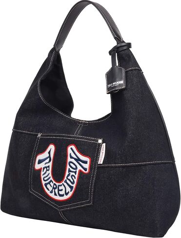True Religion Hobo Shoulder Bag Purse, Retro Denim Travel Handbag with Oversized Logo, Black in Saudi Arabia
