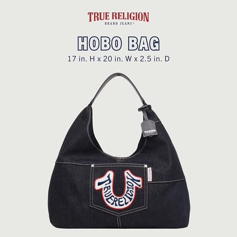 True Religion Hobo Shoulder Bag Purse, Retro Denim Travel Handbag with Oversized Logo, Black in Saudi Arabia