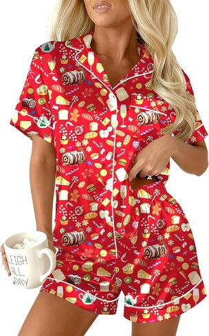 Ekouaer Womens Christmas Pajamas Silk Satin Sleepwear Holiday Matching Pjs Funny Short Sleeve Button Down Nightwear Set S-XXL in Saudi Arabia