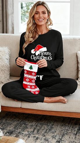 بيجامة عيد الميلاد للنساء قمصان طويلة الأكمام برباط طقم سراويل مكونة من قطعتين ملابس رياضية طقم بيجاما لعيد الميلاد in Kuwait