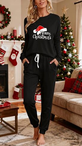 بيجامة عيد الميلاد للنساء قمصان طويلة الأكمام برباط طقم سراويل مكونة من قطعتين ملابس رياضية طقم بيجاما لعيد الميلاد in Kuwait
