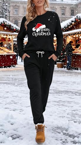 بيجامة عيد الميلاد للنساء قمصان طويلة الأكمام برباط طقم سراويل مكونة من قطعتين ملابس رياضية طقم بيجاما لعيد الميلاد in Kuwait