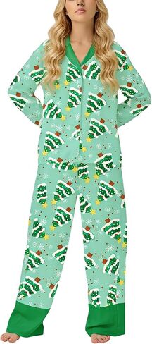 Women Silk Satin Christmas Pajamas Set Santa Bow Long Sleeve Button Down Shirt Wide Leg Pants Cute 2 Piece Set in Kuwait