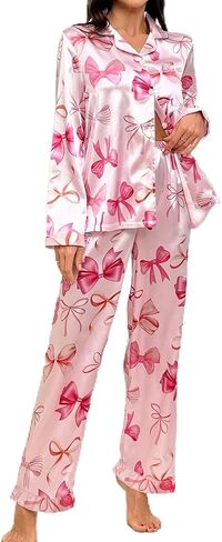 SWOMOG Womens Long Sleeve Pajamas Set 2 Piece Silk Button Down Pjs with Pants Floral Printed Classic Soft Loungewear in Saudi Arabia