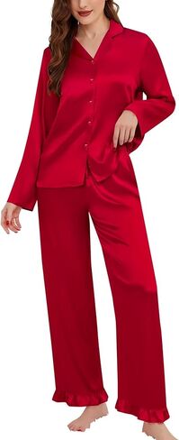 SWOMOG Womens Long Sleeve Pajamas Set 2 Piece Silk Button Down Pjs with Pants Floral Printed Classic Soft Loungewear in Saudi Arabia