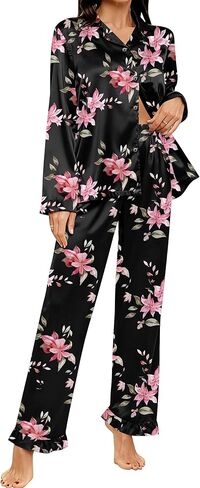 SWOMOG Womens Long Sleeve Pajamas Set 2 Piece Silk Button Down Pjs with Pants Floral Printed Classic Soft Loungewear in Saudi Arabia