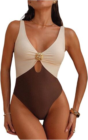 Verdusa Women's Colorblock One Piece Swimsuit Deep V Neck Cut Out Monokini Beach Vacation Bathing Suit in Saudi Arabia