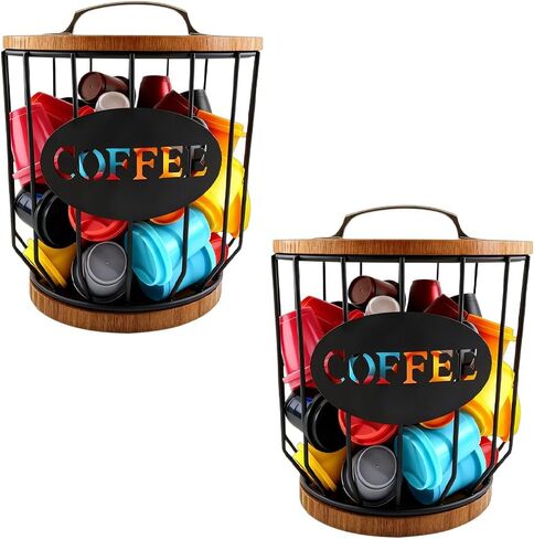 2pcs K Cup Holder Organizer - Coffee Pods Storage Organizer - Coffee Bar Accessories - Large Capacity Black Wire Kup Storage with Bamboo Base in Kuwait