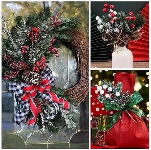 Christmas Berry Picks with Pine Cones & Holly Stems, Artificial Red Berry Evergreen Pine Branch Sprays for DIY Xmas Garland Wreath, Holiday Floral Arrangement Decorations(Red) in Saudi Arabia