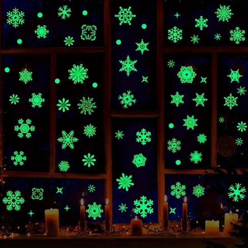 50pcs Christmas Snowflake Wall Stickers - 3D Glow in The Dark, Static Cling, Irregular Cartoon Shapes, Single Use Plastic Decals for Festive Window & Wall Decor Christmas Stickers in Saudi Arabia