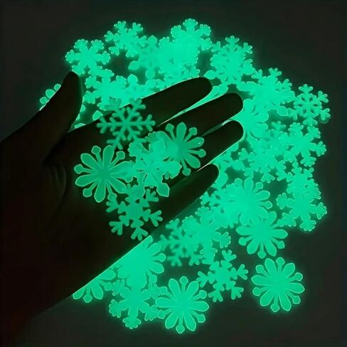 50pcs Christmas Snowflake Wall Stickers - 3D Glow in The Dark, Static Cling, Irregular Cartoon Shapes, Single Use Plastic Decals for Festive Window & Wall Decor Christmas Stickers in Saudi Arabia