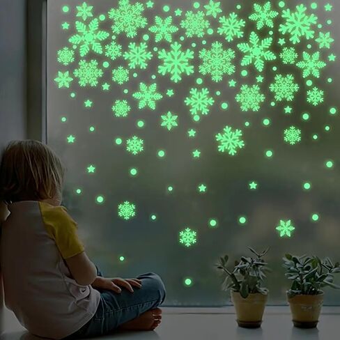 50pcs Christmas Snowflake Wall Stickers - 3D Glow in The Dark, Static Cling, Irregular Cartoon Shapes, Single Use Plastic Decals for Festive Window & Wall Decor Christmas Stickers in Saudi Arabia