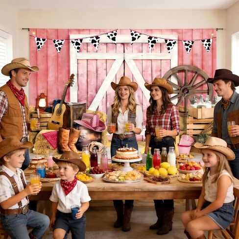 Pink Western Cowboy Backdrop Party Supplies Decorations Happy Birthday Backdrop 7x5Ft Wild West Decor Party Banner Rustic Wooden House Barn Photography Background Polyester Fabric in Saudi Arabia