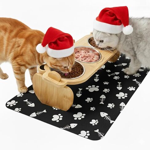 Upgraded Elevated Cat Bowls with Food Mat: Raised Pet Food and Water Dishes for Cats with 15°Tilted Little Monster Bamboo Stand, 3 Stainless Steel Bowls and 1 Non-Slip Feeding Mat in Saudi Arabia