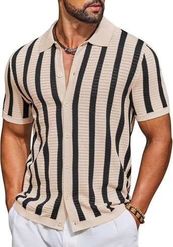 COOFANDY Men's Knit Shirts Short Sleeve Button Down Polo Shirt Striped Casual Summer Beach Shirts in Saudi Arabia