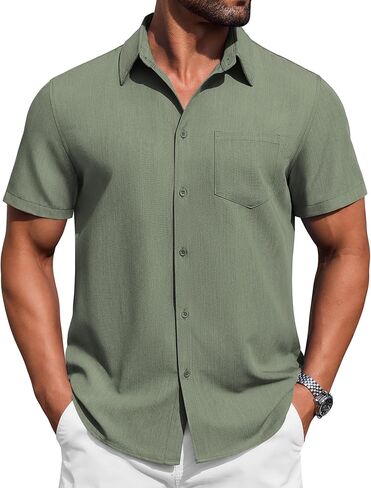 COOFANDY Mens Button Down Short Sleeve Shirt Casual Summer Stretch Denim Dress Shirts with Pocket in Saudi Arabia