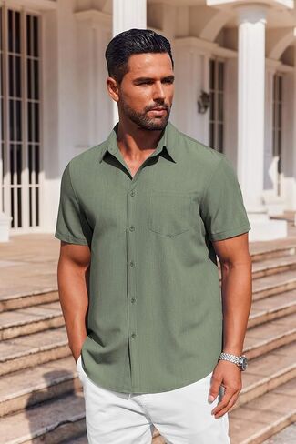 COOFANDY Mens Button Down Short Sleeve Shirt Casual Summer Stretch Denim Dress Shirts with Pocket in Saudi Arabia