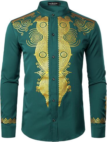LucMatton Men's African Attire Shiny Gold Foil Printing Long Sleeve Button Up Shirt Mandarin Collar Slim Fit Dashiki in Saudi Arabia