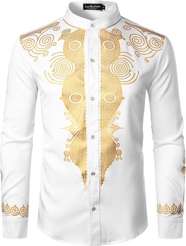 LucMatton Men's African Attire Shiny Gold Foil Printing Long Sleeve Button Up Shirt Mandarin Collar Slim Fit Dashiki in Saudi Arabia