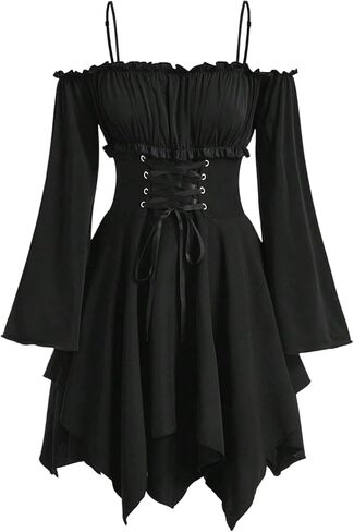 Verdusa Women's Goth Lace Up Cold Shoulder Corset Dress Renaissance Asymmetrical Flowy Dresses in Saudi Arabia