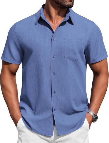 COOFANDY Mens Button Down Short Sleeve Shirt Casual Summer Stretch Denim Dress Shirts with Pocket in Saudi Arabia