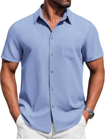 COOFANDY Mens Button Down Short Sleeve Shirt Casual Summer Stretch Denim Dress Shirts with Pocket in Saudi Arabia