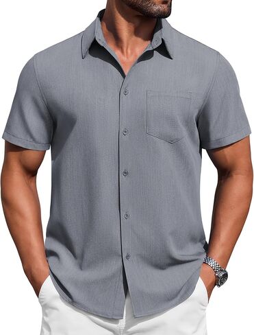 COOFANDY Mens Button Down Short Sleeve Shirt Casual Summer Stretch Denim Dress Shirts with Pocket in Saudi Arabia