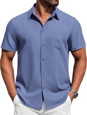 COOFANDY Mens Button Down Short Sleeve Shirt Casual Summer Stretch Denim Dress Shirts with Pocket in Saudi Arabia