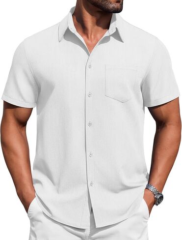 COOFANDY Mens Button Down Short Sleeve Shirt Casual Summer Stretch Denim Dress Shirts with Pocket in Saudi Arabia