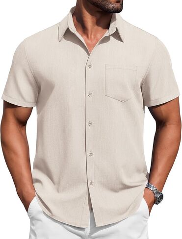 COOFANDY Mens Button Down Short Sleeve Shirt Casual Summer Stretch Denim Dress Shirts with Pocket in Saudi Arabia