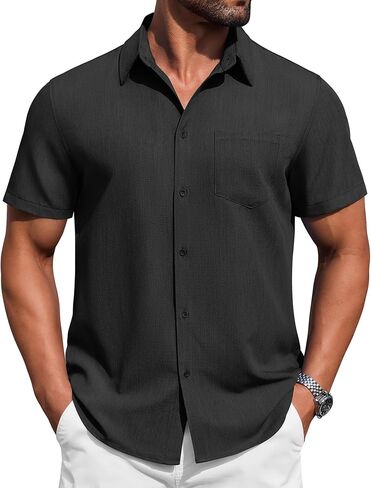 COOFANDY Mens Button Down Short Sleeve Shirt Casual Summer Stretch Denim Dress Shirts with Pocket in Saudi Arabia