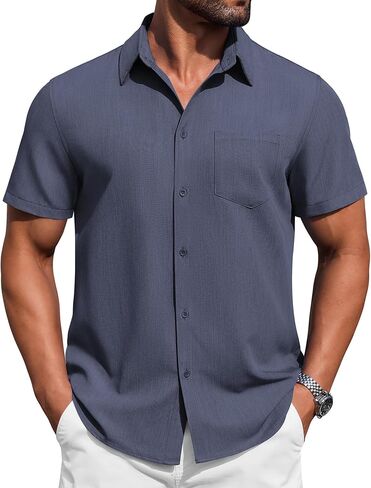 COOFANDY Mens Button Down Short Sleeve Shirt Casual Summer Stretch Denim Dress Shirts with Pocket in Saudi Arabia