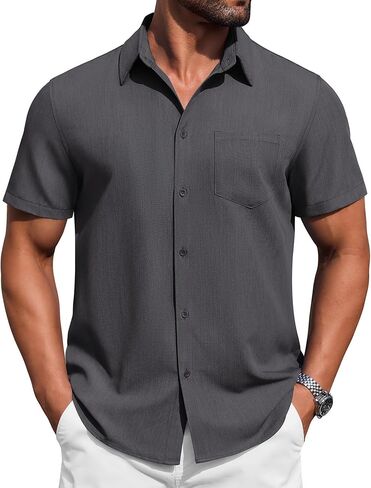 COOFANDY Mens Button Down Short Sleeve Shirt Casual Summer Stretch Denim Dress Shirts with Pocket in Saudi Arabia