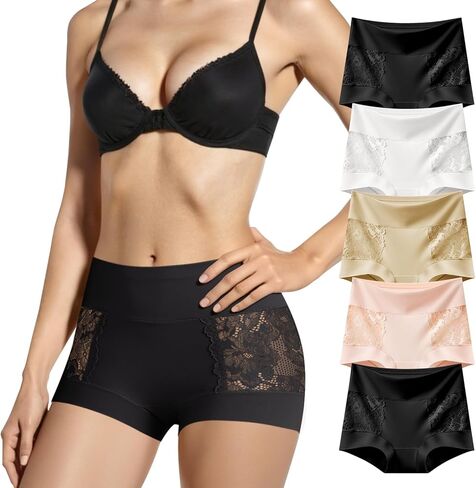 Womens Mid Rise Underwear, Patchwork Lace Boxer Panty Tummy Control Breathable Soft Stretch Panties for Ladies in Saudi Arabia