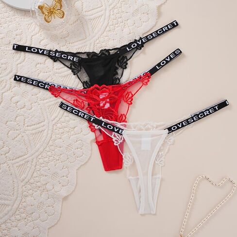 3 Pack Lace Thong Underwear Set for women, Solid Color Hollow Style Letter Waist Strap Design Sexy Women Panties in Saudi Arabia
