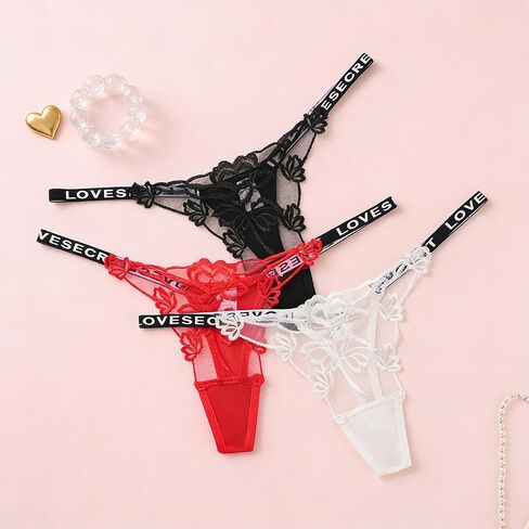 3 Pack Lace Thong Underwear Set for women, Solid Color Hollow Style Letter Waist Strap Design Sexy Women Panties in Saudi Arabia
