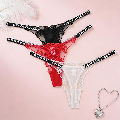 3 Pack Lace Thong Underwear Set for women, Solid Color Hollow Style Letter Waist Strap Design Sexy Women Panties in Saudi Arabia