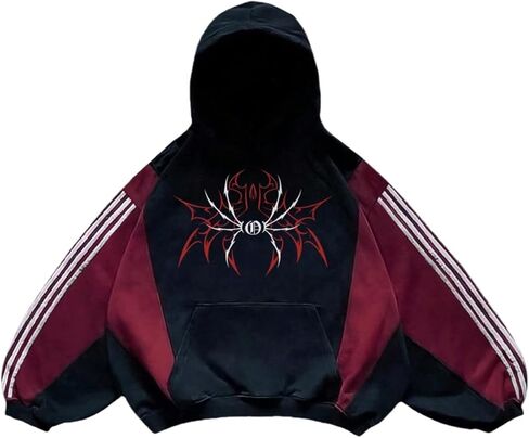 Men's Gothic Spiderweb Graphic Hoodies Striped Baggy Fall Sweatshirts Color Block Grunge Pullovers in Saudi Arabia