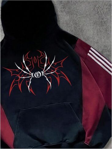 Men's Gothic Spiderweb Graphic Hoodies Striped Baggy Fall Sweatshirts Color Block Grunge Pullovers in Saudi Arabia