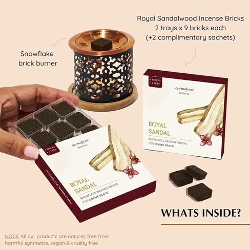 Royal Sandal Incense Bricks (2 x 9 Bricks) & Snowflake Exotic Burner by Aromafume | Made with Sandal Flower & Sandalwood | Ideal for Prayer and Rituals | Natural, Low Smoke, Non-Toxic in Saudi Arabia