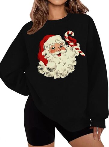 LETSEE بلوزات عيد الميلاد للنساء سانتا كلوز الجرافيك Crewneck المتضخم كنزة صوفية عيد الميلاد عطلة in Saudi Arabia