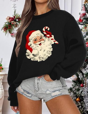 LETSEE بلوزات عيد الميلاد للنساء سانتا كلوز الجرافيك Crewneck المتضخم كنزة صوفية عيد الميلاد عطلة in Saudi Arabia