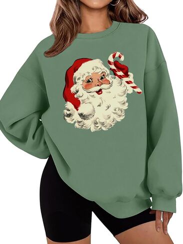 LETSEE بلوزات عيد الميلاد للنساء سانتا كلوز الجرافيك Crewneck المتضخم كنزة صوفية عيد الميلاد عطلة in Saudi Arabia