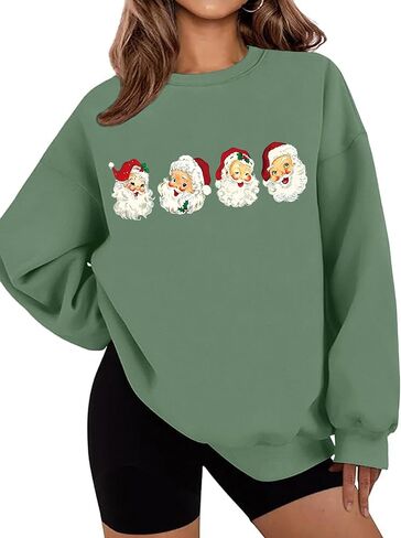 LETSEE بلوزات عيد الميلاد للنساء سانتا كلوز الجرافيك Crewneck المتضخم كنزة صوفية عيد الميلاد عطلة in Saudi Arabia