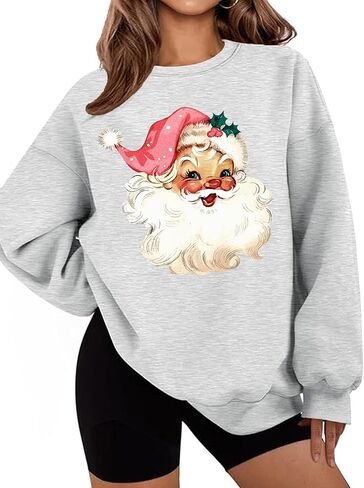 LETSEE بلوزات عيد الميلاد للنساء سانتا كلوز الجرافيك Crewneck المتضخم كنزة صوفية عيد الميلاد عطلة in Saudi Arabia