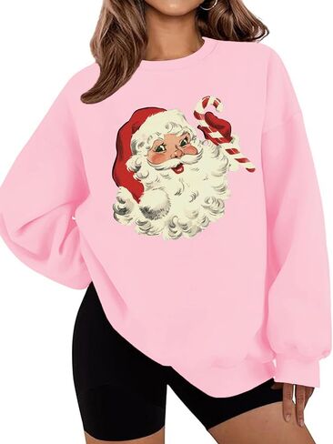 LETSEE بلوزات عيد الميلاد للنساء سانتا كلوز الجرافيك Crewneck المتضخم كنزة صوفية عيد الميلاد عطلة in Saudi Arabia