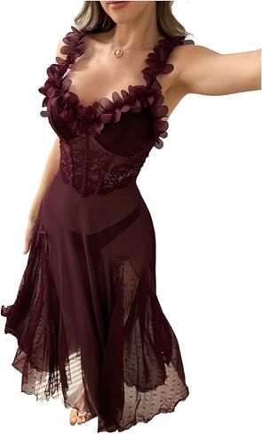 SHENHE Women's Floral Lace Mesh Long Nightgowns Appliques Corset Lingerie Dress Sheer Chemise Nightdress in Saudi Arabia