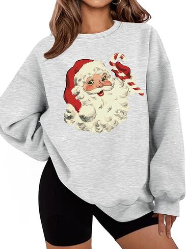 LETSEE بلوزات عيد الميلاد للنساء سانتا كلوز الجرافيك Crewneck المتضخم كنزة صوفية عيد الميلاد عطلة in Saudi Arabia